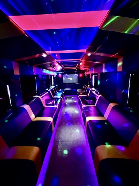 Luxury party bus interior with LED lighting